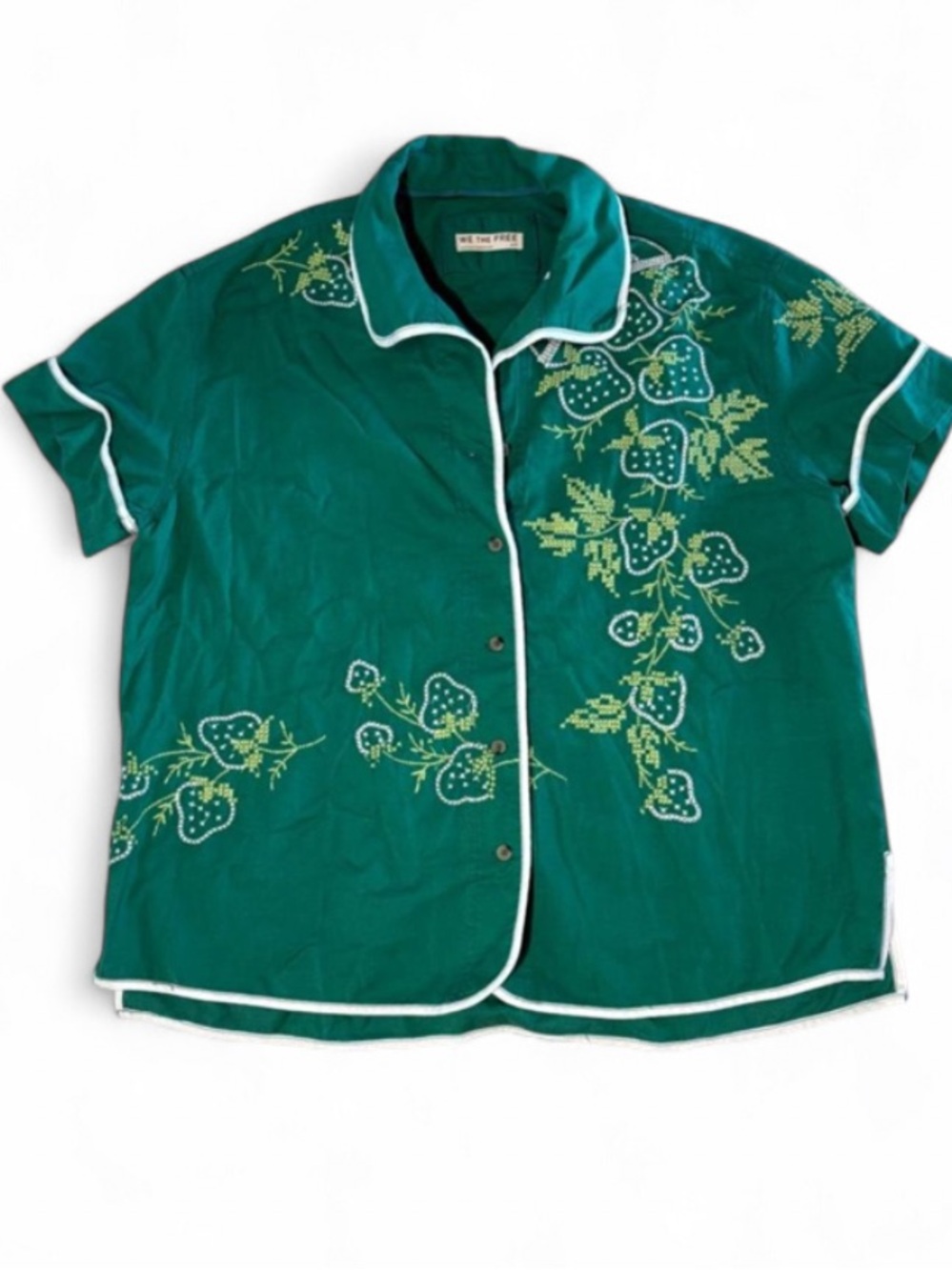 FreePeople WeThe Free Strawberry Shirt Green Combo Embroidered Linen Button Down - Picture 4 of 6